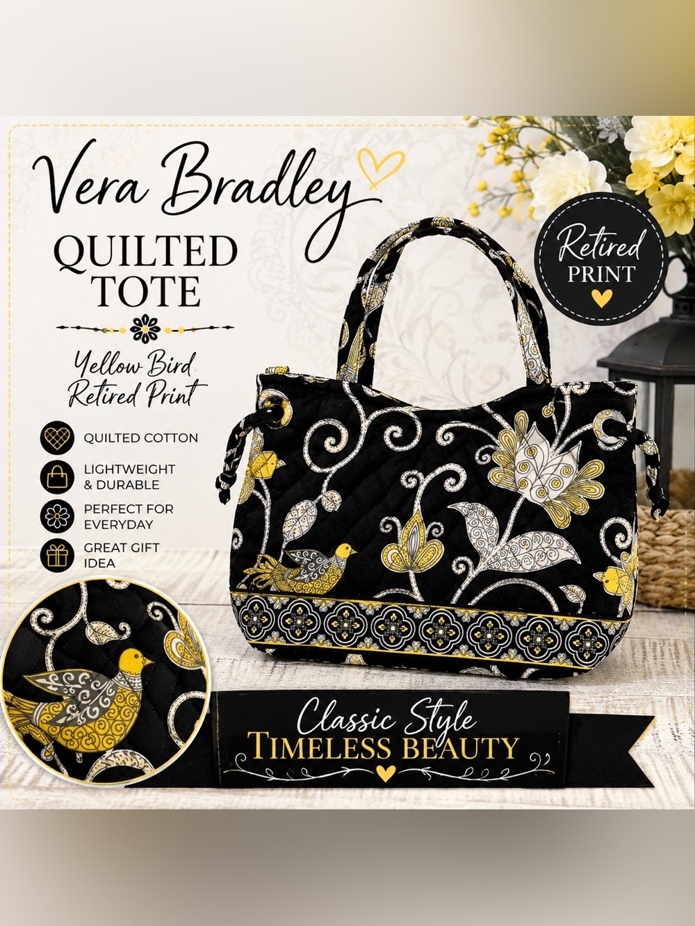 Vera Bradley Yellow Bird Small Quilted Tote Handbag Black Floral Retired Print